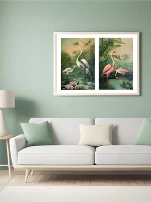 Exquisite Pair of Tropical Bird Paintings : Flamingos and Egrets