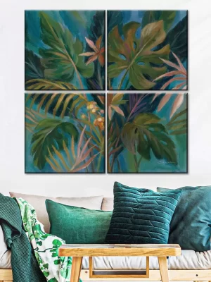 Vibrant Tropical Quartet: Set of 4 Jungle Leaf Paintings