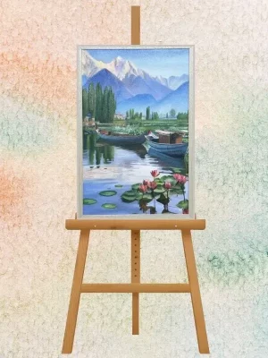 Serene Mountain Lake Boat Scene Painting