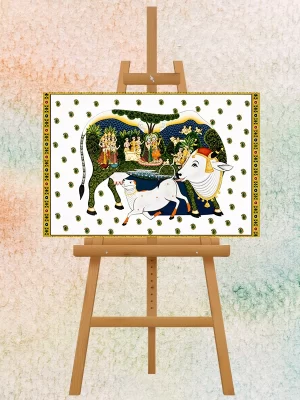 Handmade Kamdhenu Pichwai Painting with Cow & Calf